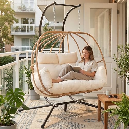 Hanging Chairs with Stand, All Weather Double Egg Chair Outdoor, Metal Hanging - Image 5