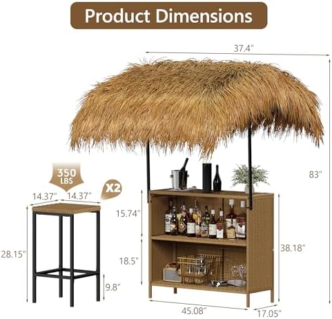 Outdoor Tiki Bar Set with Widen Hula Thatched Shade, 3-Piece Wicker Outside - Image 2