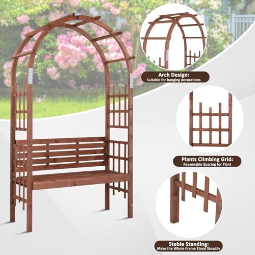 6.8 FT Wooden Garden Arch With Bench - Image 2