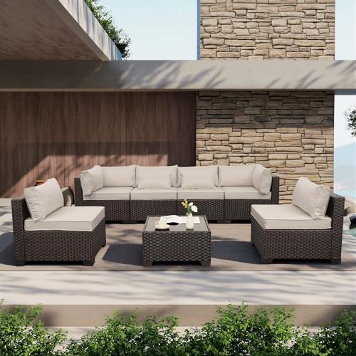 Outdoor Patio Furniture Set 7 Pieces Wicker Sectional Sofa Brown Rattan by WAROOM