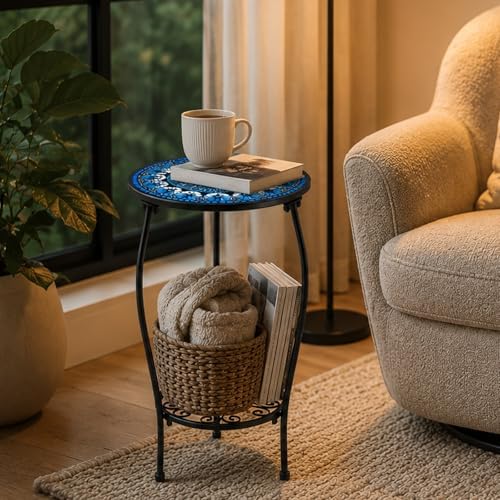 1 Pack 13 Inches Metal Round Side Table Two-tiered Small Black Outside End Table - Image 2