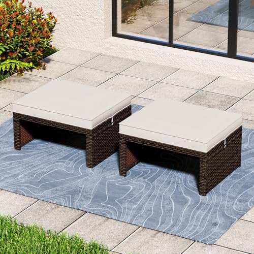 HAPPYGRILL Patio Ottomans Set of 2, PE Rattan Footstools - Image 2
