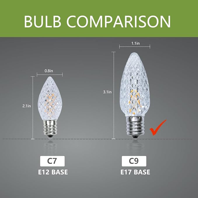 50Pack C9 Christmas LED Light Bulbs, Strawberry Replacement Bulb 2200K Warm White Shatterproof & Waterproof Outdoor String Light Bulbs, E17 Candelabra Base Edison Bulbs for Holiday Decoration