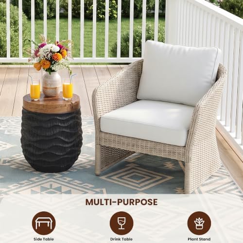 COSIEST Outdoor Side Table w Faux-Wood Top, Hand Painted Concrete Table - Image 5