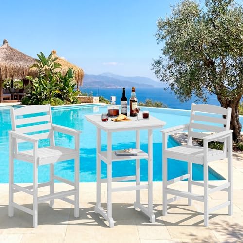 SERWALL 3 Pcs HDPE Bar Height Chairs and Double Layer Pub Table Set by SERWALL