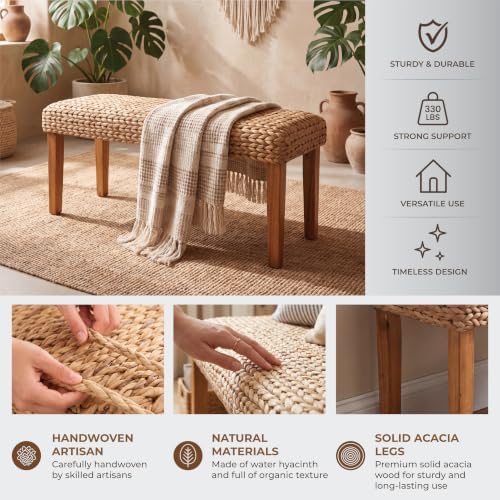 Solid Wood Acacia Indoor Bench, 47 Inch Water Hyacinth Seat, Fishbone Style - Image 3