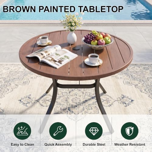 41" Round Outdoor Dining Table Metal Patio Table Brown Top - Image 3