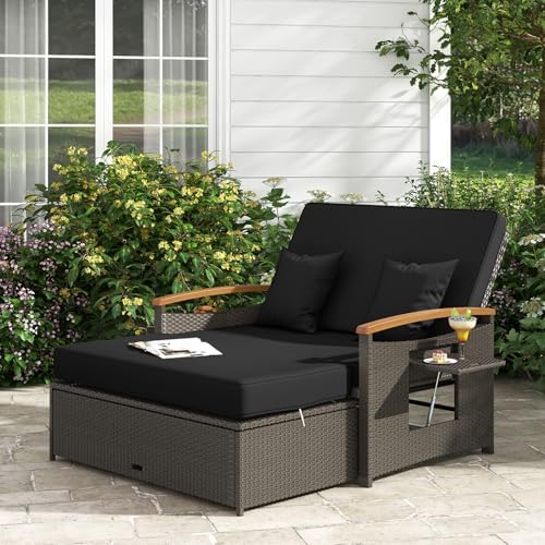 LDAILY Moccha Outdoor Wicker Daybed, Patio Rattan Loveseat Sofa w/ 4-Level - Image 2