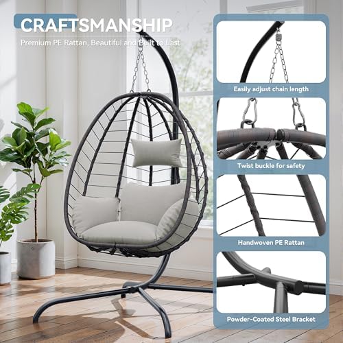 Foldable Egg Chair with Stand, 485LBS Capacity Wicker Rattan Hammock Swing Chair - Image 5