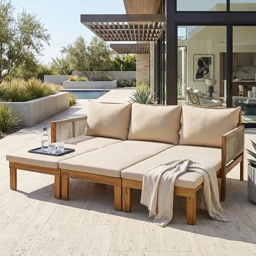 Outdoor Daybed Sofa Bed 3-Seater Acacia Wood Patio Sleeper by Hlcodca