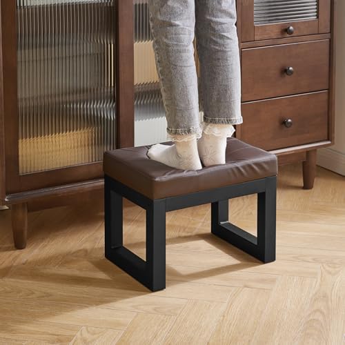 IBUYKE Small Footstool Ottoman, Faux Leather Footrest, Deep Coffee - Image 6