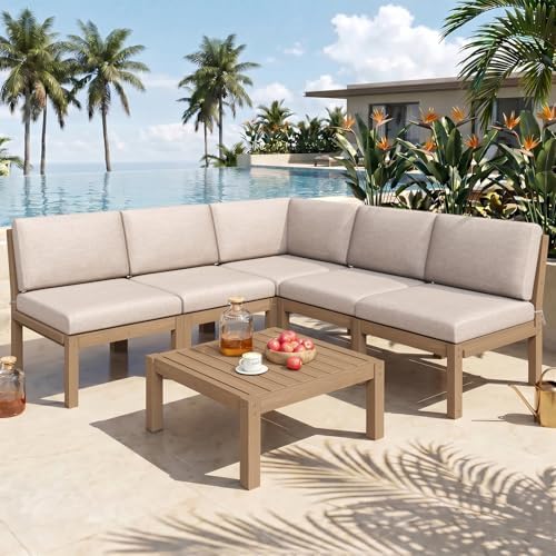 Modular Outdoor Patio Conversation Set, 6-Piece L-Shaped Sectional Sofa Set by LAHAAP