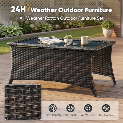 Outdoor Coffee Table with Tempered Glass Top, Patio Rectangular Brown Wicker - Image 5