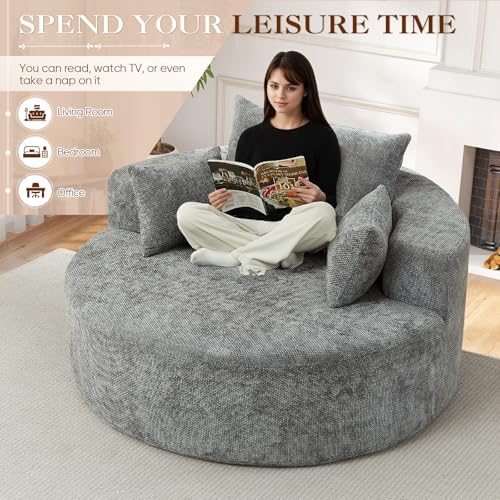 Oversized Round Chaise Longue Chair Indoor, Modern 55-inch Upholstered Waffle - Image 6