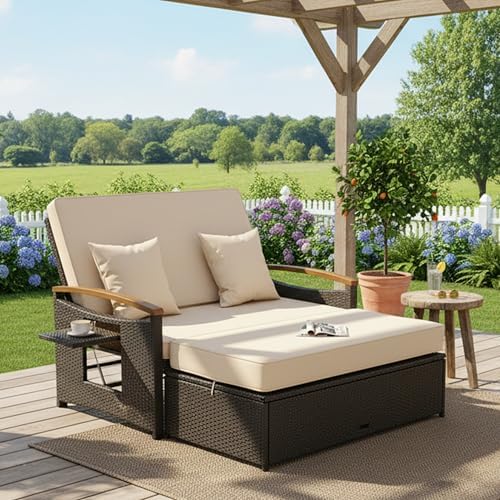 Tangkula Patio Rattan Daybed, Outdoor Wicker Loveseat, Mix Brown & Beige - Image 2