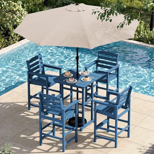 SERWALL 6 Pcs HDPE Bar Height Chairs and Bar Table & Umbrella Set by SERWALL