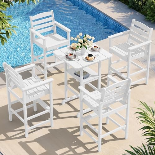 SERWALL 5 Pcs HDPE Bar Height Chairs and Double Layer Pub Table Set by SERWALL