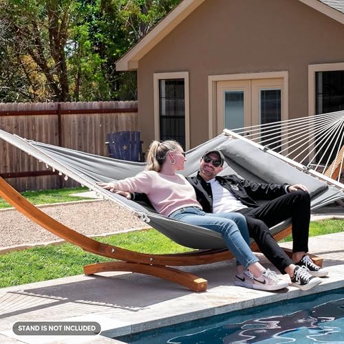 Portable Double Hammock with Hardwood Spreader Bar, Light Gray - Image 2