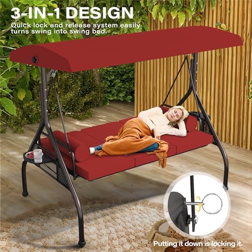 Outdoor 3 in 1 Porch Swing Chair, 3 Seat Patio Swing Glider - Image 3