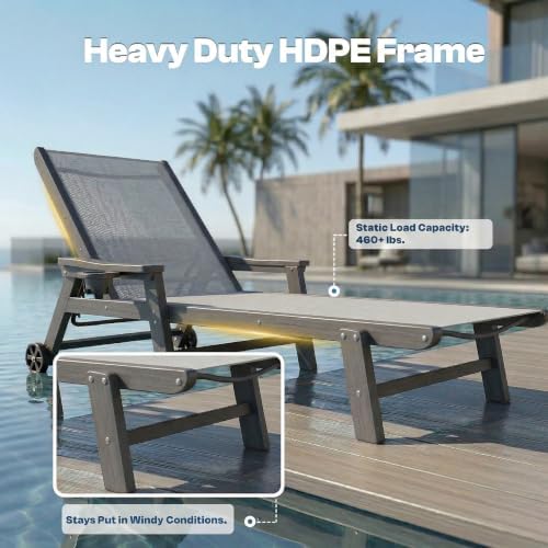 Outdoor HDPE Chaise Lounge Chairs Set of 4, Textilene Pool Loungers - Image 5