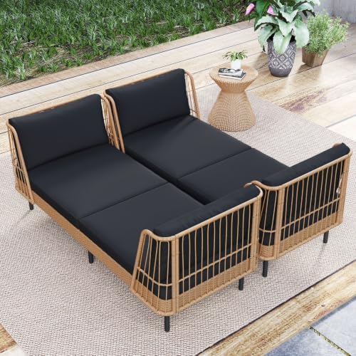 Tangkula Patio Rattan Daybed, Boho Wicker Lounge Sofa, Natural & Black - Image 3