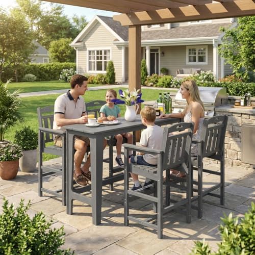 Outdoor Patio Bar Height Table and Tall Adirondack Chairs Set of 2, All-Weather - Image 2
