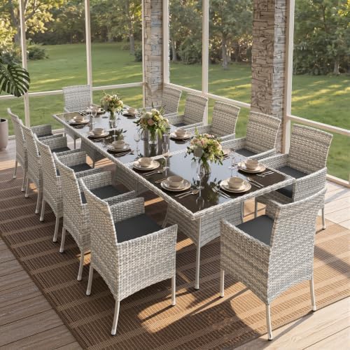15-Piece Patio Dining Set, 3 Tempered Glass Tables & 12 Wicker Chairs by MuphyersPatioFurniture