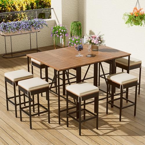 Patio Bar Table Set of 10, Outdoor Wood Height Bar Table & 8 Bar Stools - Image 2