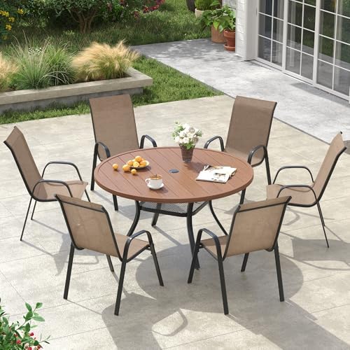 VICLLAX Patio Dining Set, 6 Brown Stackable Chair & 48" Metal Walnut Table by HOME