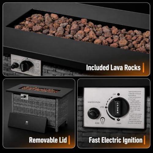 Rectangular PE Rattan Propane Fire Pit Table, 41 Inch Outdoor 50000 BTU Gas - Image 6