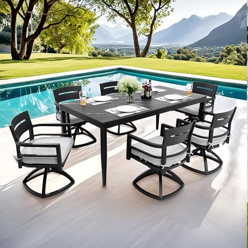 7PC Aluminum Outdoor Patio Dining Set, 71”Rectangular Black Marble Dining Table - Image 3