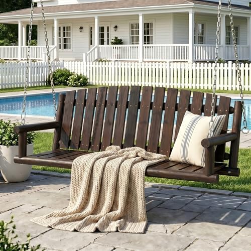 Grepatio 5FT Outdoor Wooden Porch Swing, 3 Person Patio Hanging Bench, Heavy by Takesyoutohaveawonderfullife