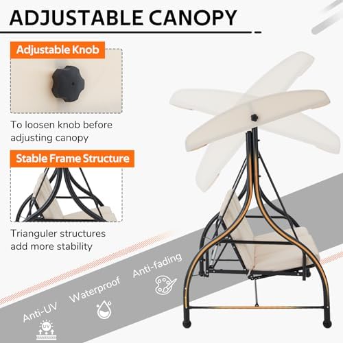 Porch Swing Chair with Adjustable Backrest&Canopy, 3 Seat Patio Swing with - Image 3