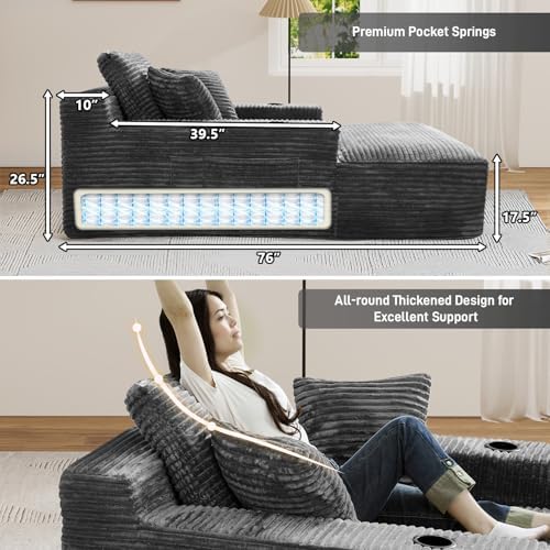 76" Oversized Boneless Chaise Lounge Chair Indoor, Cup Holders, Dark Grey - Image 6