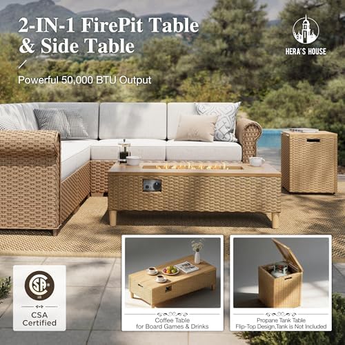 9-Piece Wicker Patio Sectional Set, Fire Pit Table - Image 3