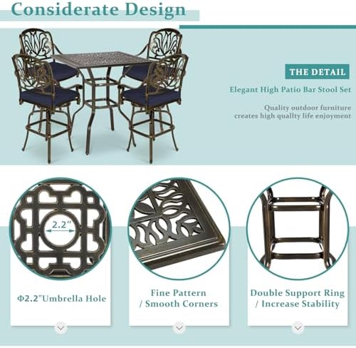 5-Piece Patio Swivel Bar Set, All-Weather Cast Aluminum Outdoor High Bar Stool - Image 3