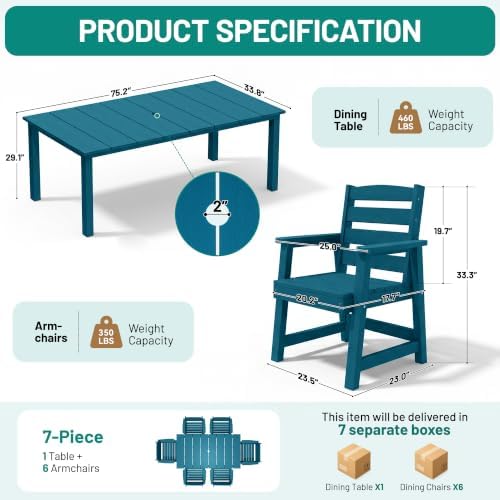 PLUUV 7PC Patio Dining Sets, 6 Armchairs & 1 Table - Image 2