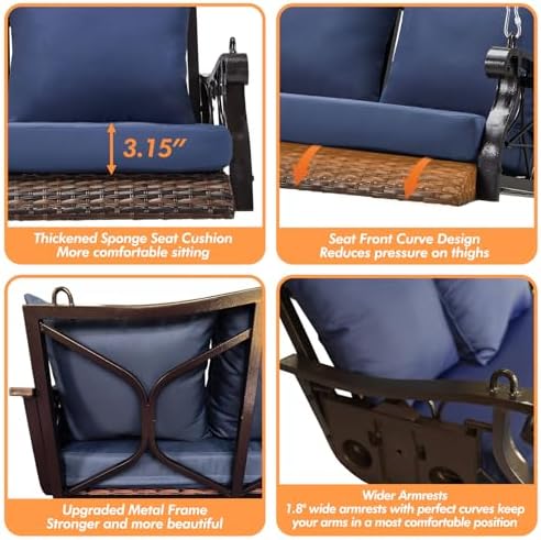 ZZW 3-Person Wicker Porch Swing Chair Heavy Duty 900 LBS Outdoor Rattan Patio - Image 4