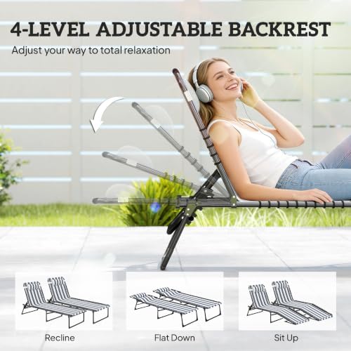 Outsunny Folding Chaise Lounge Chair Outdoor Set of 2 Mesh Seat Blue/White - Image 4