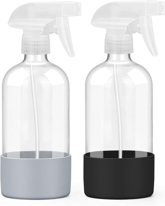 2 Pack Glass Spray Bottles with Silicone Sleeve, 16 oz Empty Refillable Containers with Adjustable Spray Nozzles, Spray Bottles for Hair, Cleaning Solutions and Plants Black&Grey