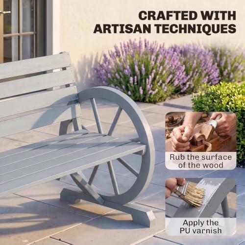 Outsunny 41" Wooden Outdoor Bench Rustic Wagon Wheel Light Gray - Image 5