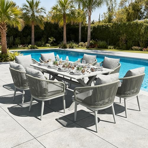 9 Pieces Outdoor Patio Dining Set, Aluminium Rectangular Dining Table and by LayinSun