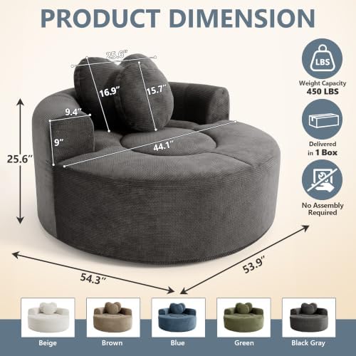 54" Oversized Round Chair Indoor Chenille Cloud Sofa - Image 2