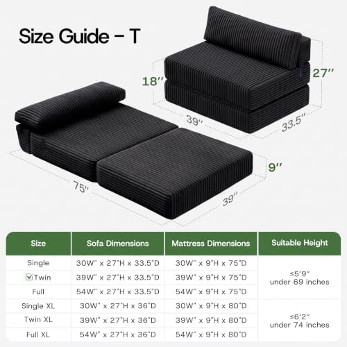 Folding Sofa Bed Convertible 4 in 1 Sleeper Chair Black Twin - Image 2