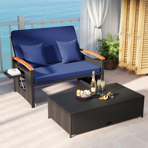 Tangkula Patio Rattan Daybed, Outdoor Wicker Loveseat - Image 2