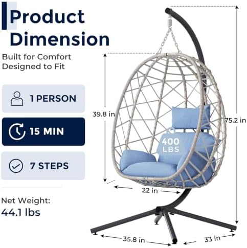 Hanging Egg Chair with Stand Outdoor, Patio Swing, Light Blue - Image 2