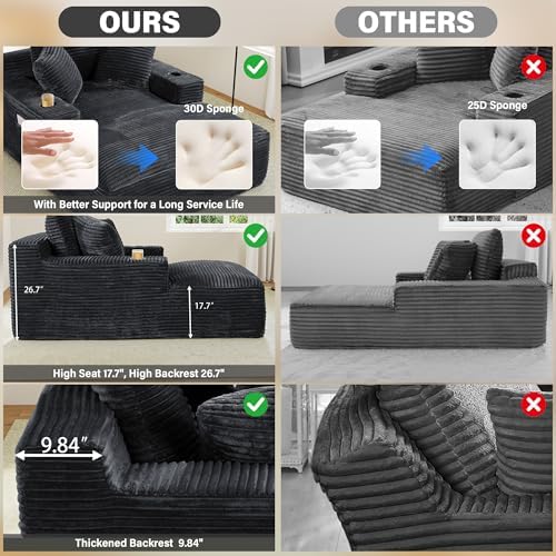 68" Oversized Boneless Chaise Lounge Chair Indoor, Cup Holders, Dark Grey - Image 3