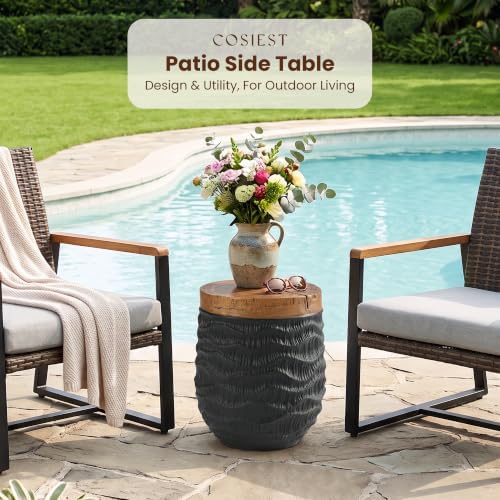 COSIEST Outdoor Side Table w Faux-Wood Top, Hand Painted Concrete Table - Image 6