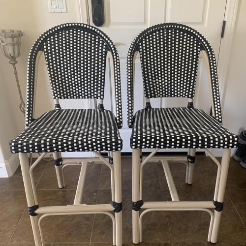 PURPLE LEAF Patio French Counter Stool Set of 2 Champagne Frame Black Woven by PURPLELEAF