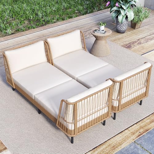 Tangkula Patio Rattan Daybed, 2 Pack Wicker Lounge Sofa, Natural-Off White - Image 2
